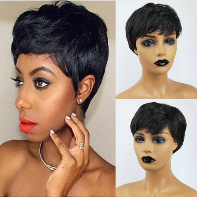 Elegant Pixie Cut Synthetic Wigs Short Hair Straight Black Wigs With Bangs For Women