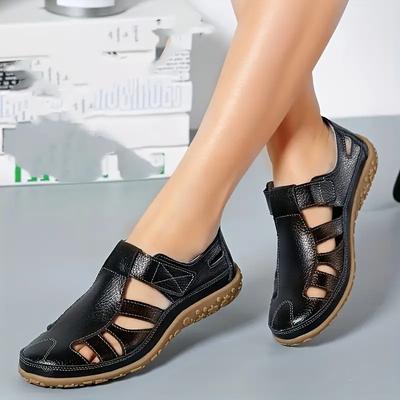 Women's Retro Flat Sandals Closed Toe Solid Color Hook & Loop Non Slip Shoes Casual Outdoor Sandals