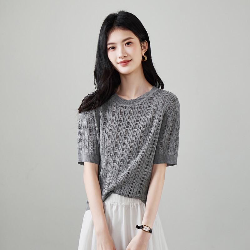 SOFSIL 2026 Spring Hollow Round Neck Short Sleeve Knit T-Shirt