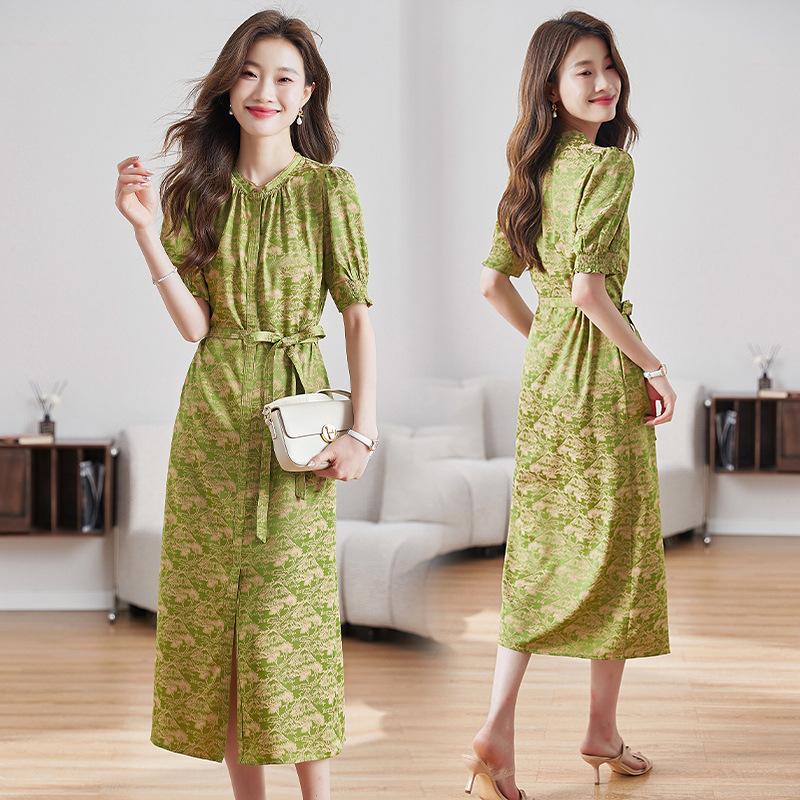 Jacquard dress summer women's clothing round neck split ends fashionable atmosphere thin long dress dress