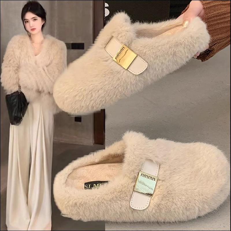 One-foot Thick-soled Height-increasing Fluffy Slippers for Women's Outer Wear 2025 New Autumn and Winter High-end Plush Cotton Slippers