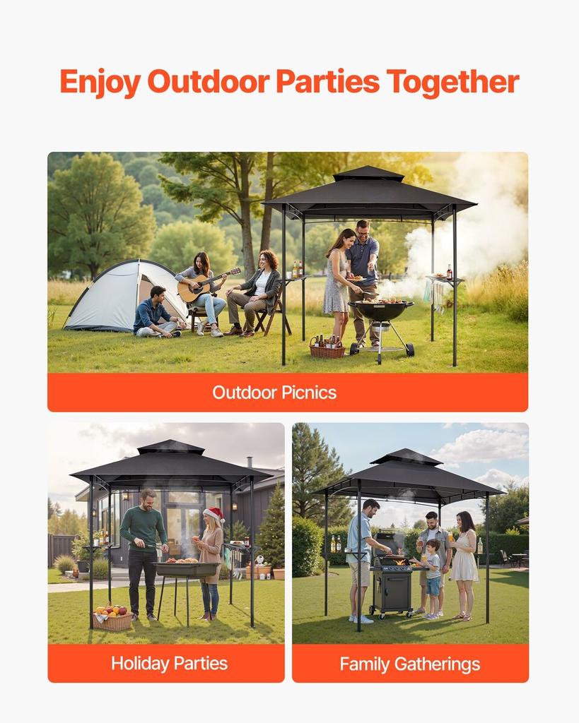 Grill Gazebo, 2.43 x 1.5 m Outdoor BBQ Gazebo with Double-Tiered Roof, Powder-Coated Steel Patio Grill Shelter with 2 Side Shelves & 8 Hooks, Grilling