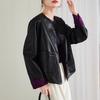 Double Pocket Round Neck PU Leather Jacket for Women In Autumn 2025, Fashionable and Loose Casual Motorcycle Suit