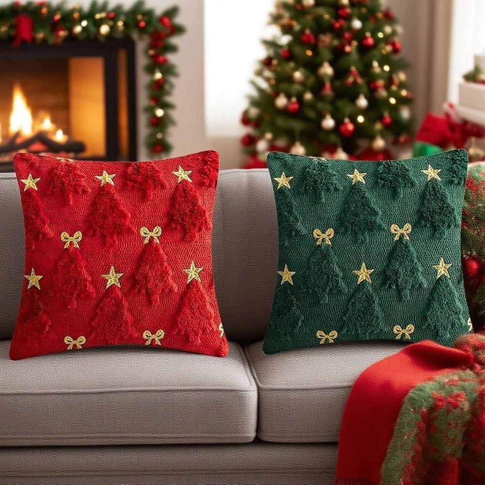 1PC Short Christmas Pillow Cover Soft Comfortable Throw Pillow Cover Embroidered Bowknot Five-pointed Star Xmas Tree Pillowcase