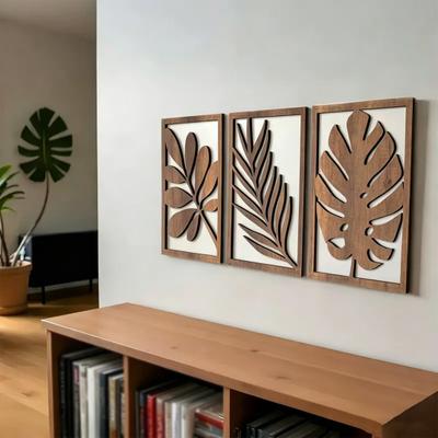 3 Pezzi Foglie di Palma Legno Arte da Parete, Pianta Tropicale Boho Decorazione Murale, Pannello Scultura da Parete Minimalista Intagliato a Vuoto per Casa Soggiorno, Camera da Letto,