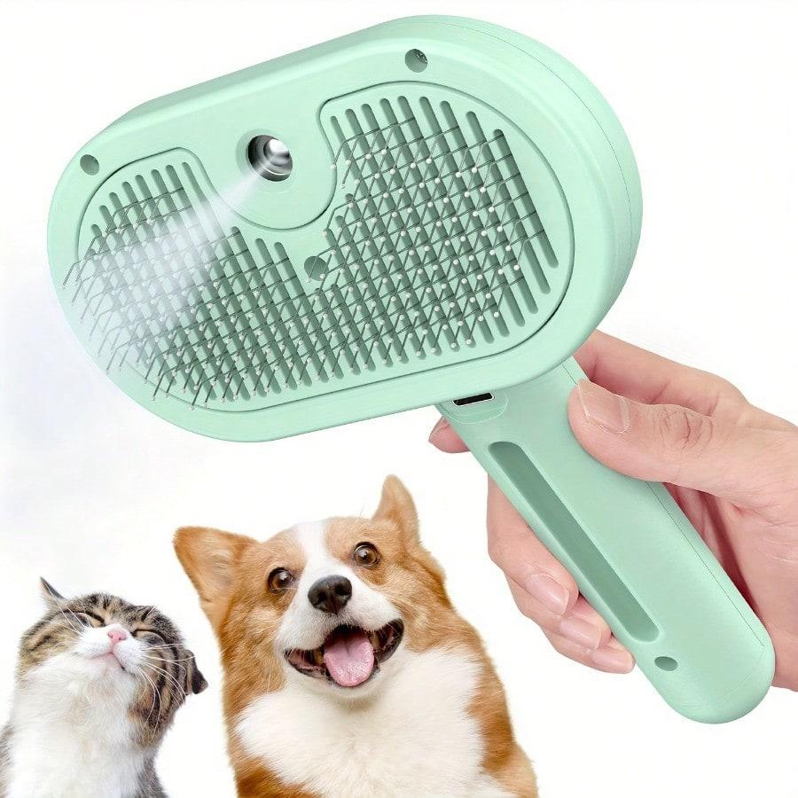 

USB Rechargeable Pet Steam Brush, Multifunctional Cat Dog Grooming Tool for Shedding & Cleaning, Stainless Steel Bristles, зелёный