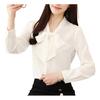 Women Fashion Solid Color Long Puff Sleeve Blouse Buttons Necktie Bowknot Shirt