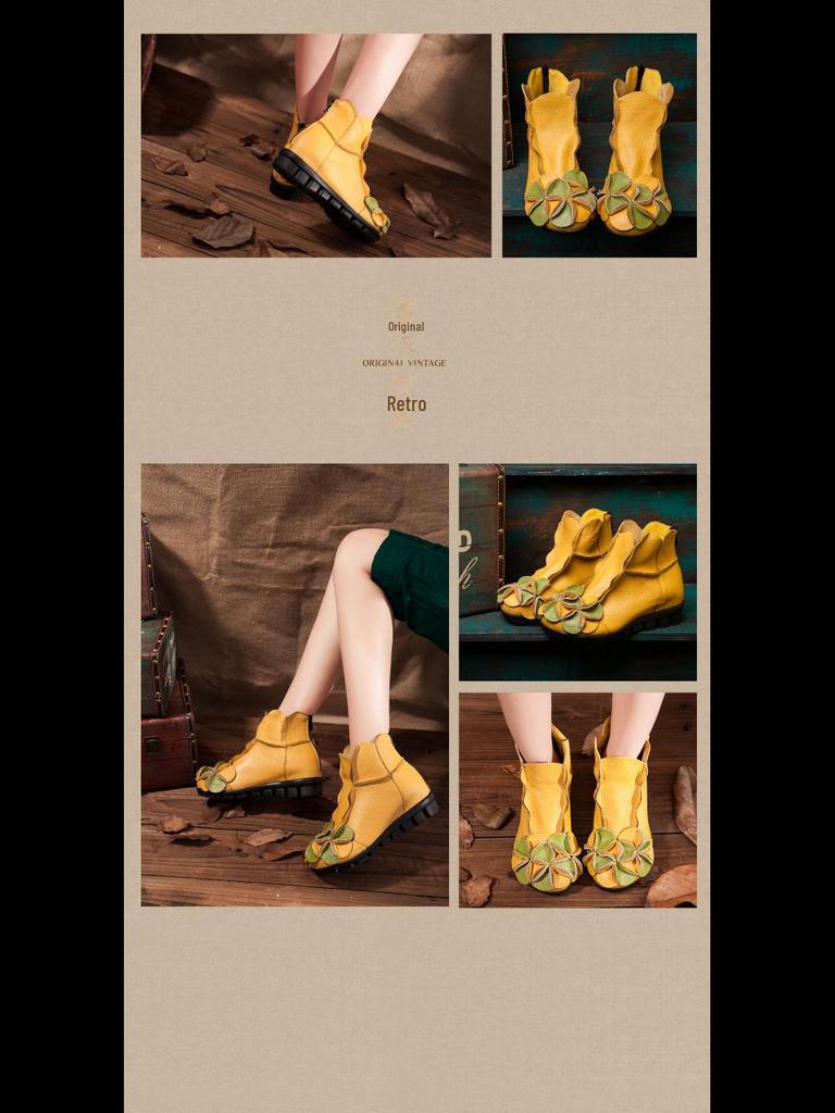 Women's Handmade Retro Real Leather Martin Boots with Thick Soles and Heels, Rear Zipper, Short Design for Autumn and Winter