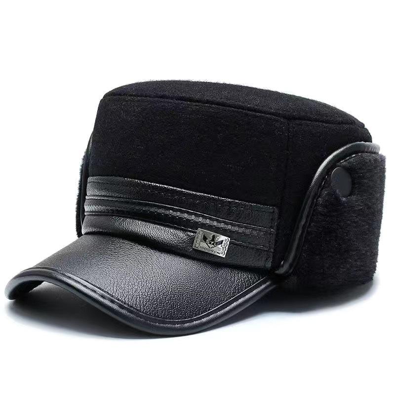 Men's Warm Plush Flat Top Hat with Ear Protection for Autumn and Winter