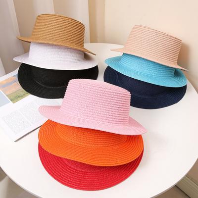 Women Straw Hat Sun Protection Anti-UV Wide Brim Flat Top Solid Color Foldable Breathable Outdoor Camping Fishing Sun Cap Vacation Beach Hat