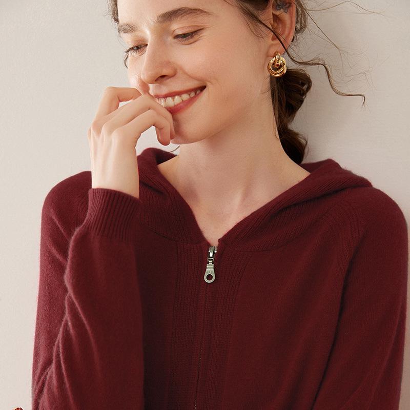 Women's Thickened Cashmere Hooded Cardigan Sweater - Loose Knit Zip-Up for Autumn and Winter