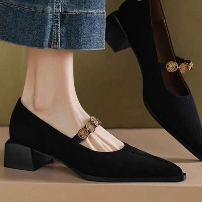Fashion Scrub Leather Pointed Toe Shallow Single Vintage Strap Block Heel Women's Shoes