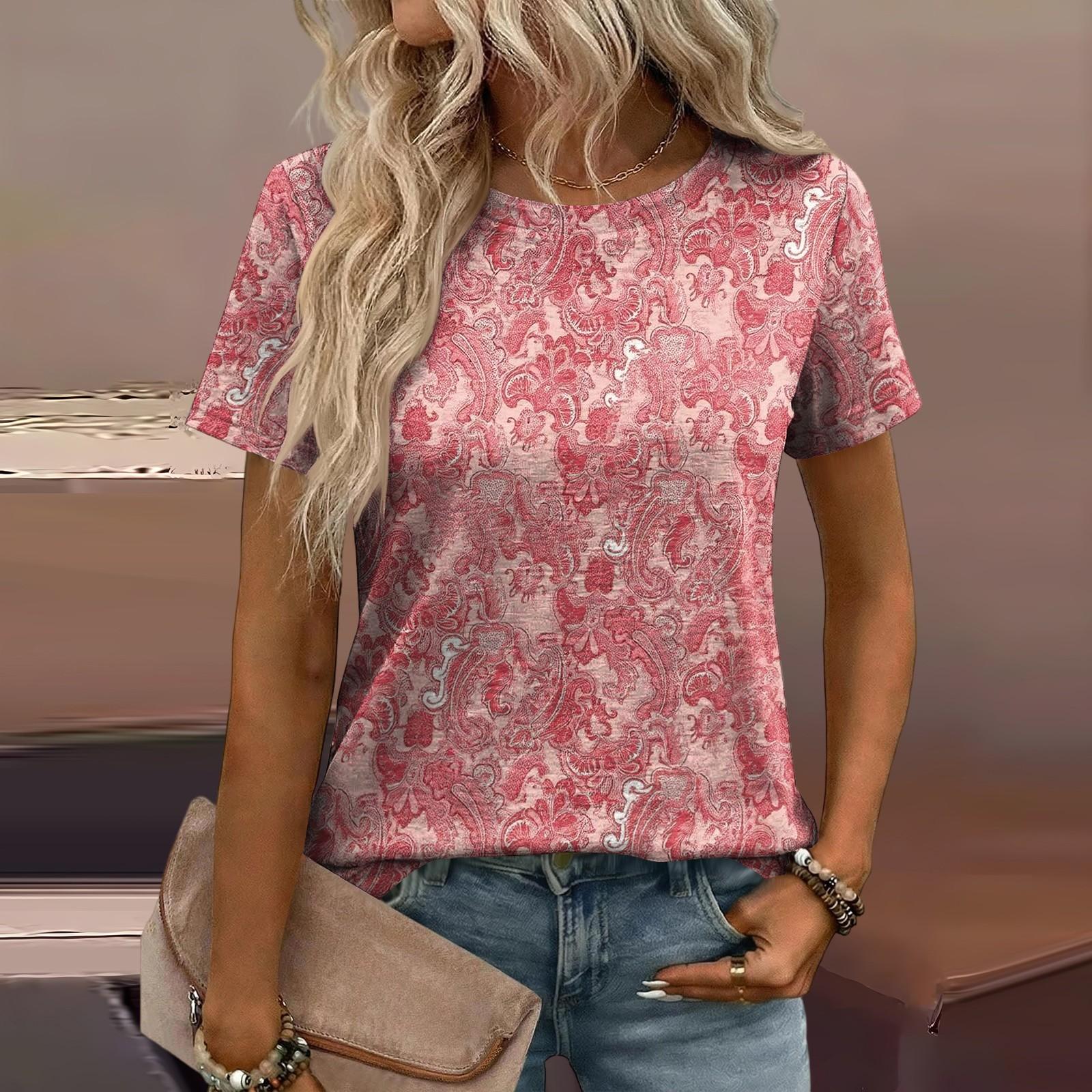 

Women’s Short Sleeve Crew Neck Top with Geometric Print Loose Fit Casual Lightweight T Shirt for Daily Wear XXL