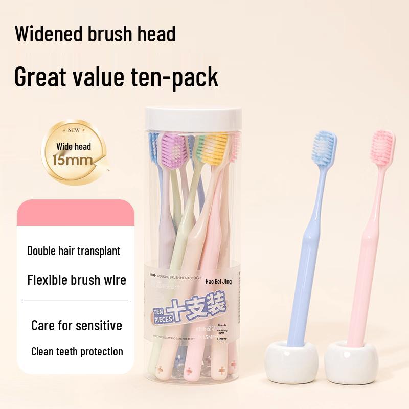 OIDOOIN Double Wide Head Soft Bristle Adult Toothbrush 10-Pack