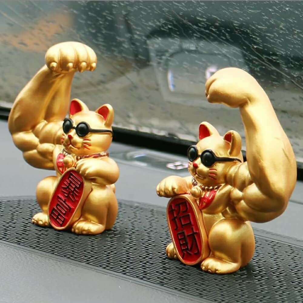 Feng Shui Figurine Muscle Maneki Neko Gold Set of 2 Blue collar maneki cats Gold Feng Shui Item Increase your fortune Gift Small gift Present [AiO