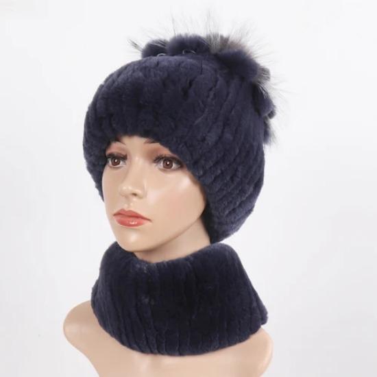 Knitted Women Warm Rex Rabbit Fur Hat Scarf Sets Winter Natural Rex Rabbit Fur Cap Scarves Russia Lady Fur Hats Muffler 2 Pieces
