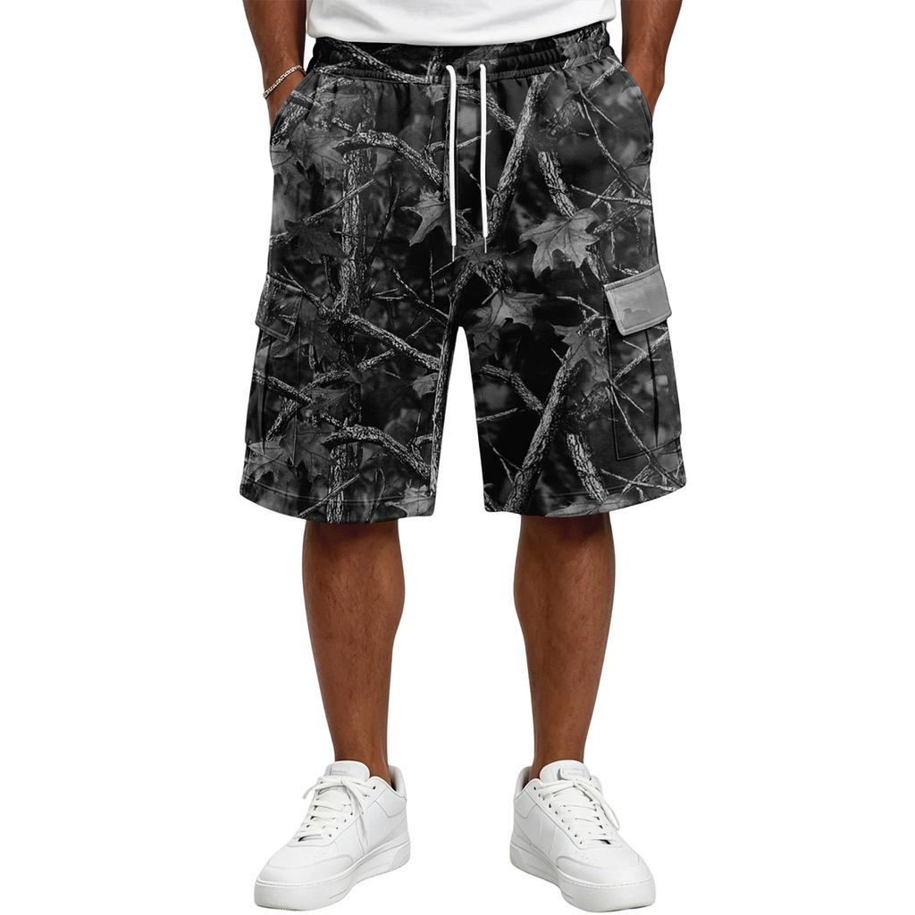 Men's Tree Camouflage Drawstring Shorts, Casual Relaxed Loose Fit Short Pants for Summer, Outdoor, Daily Activities