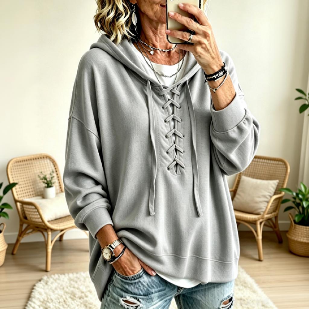 Women's Casual Pullover Hoodie, Loose Fit, Drop Shoulder, Color