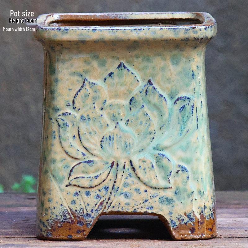 Handgefertigter unregelmäßiger quadratischer Keramik-Blumentopf für Sukkulenten - Pflanztopf mit großem Durchmesser für Mischbepflanzung