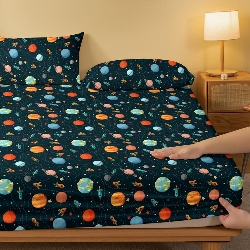 1 Cartoon Fun Printed Matte Fitted Sheet, Bedroom Printed Bed Cover, Bedding (Excluding Pillowcases)