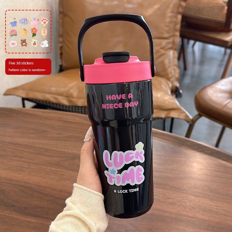 Large Capacity Thermos Cup for Women, New 2024 Model, Stylish Student Straw Cup, Dual-Use Coffee Cup, Portable