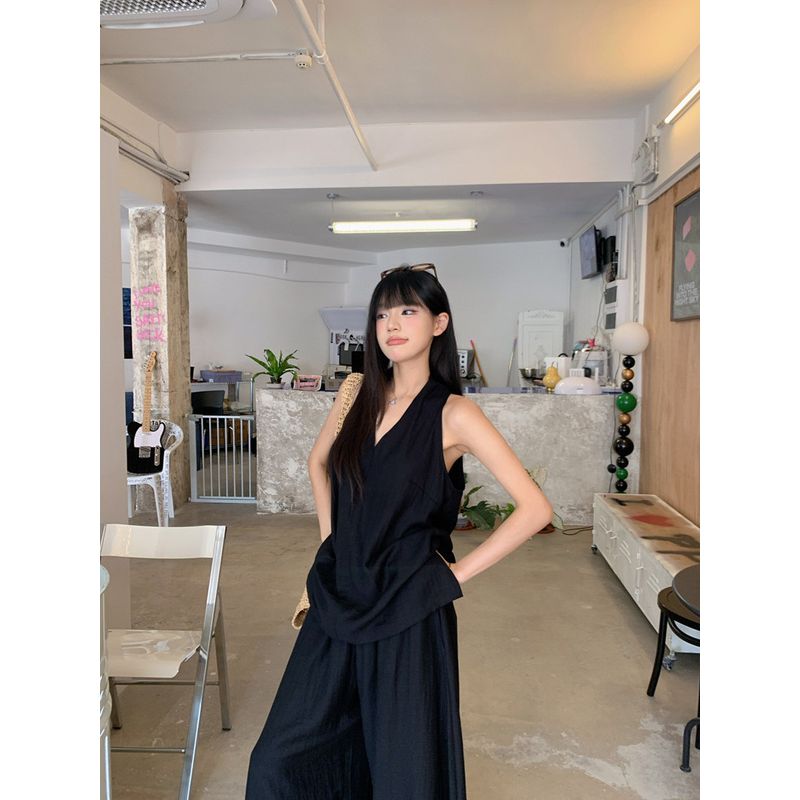 Relaxed Feeling Lazy Set Black Hanging Neck Sleeveless Vest Women Summer Loose Drape Wide Leg Pants Trousers Two-piece Set