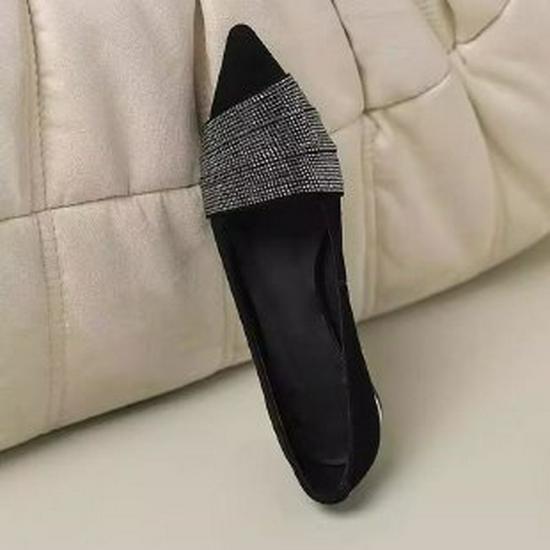 Women's Black Suede Pointed Toe Flats with Rhinestones