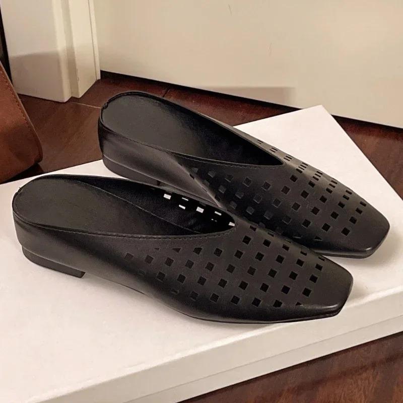 Square Toe Shallow Mouth Air Leakage Hole Soft Sole Non-slip Low Heel Shoes Summer New Baotou Soft Sole Slippers