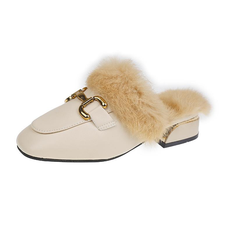 Baotou Halbschlappen für Damen zum Tragen 2024 Herbst und Winter neu dick Absatz Temperament Pferdetitel Schnalle eckige Zehenpartie Mules