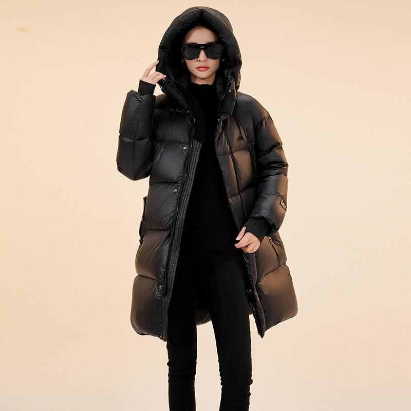 Black gold medium and long down jacket women's winter fashion high-end white duck down to keep warm over the knee couple bread jacket burst