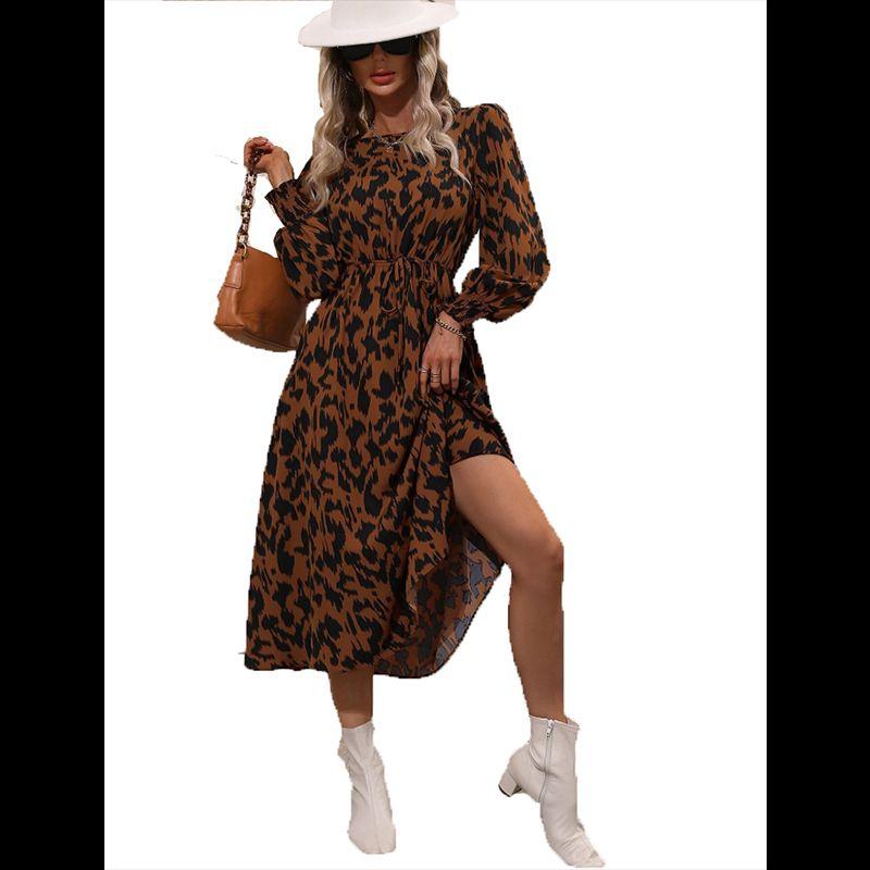 Cross-Border Spring & Fall New Round Neck Leopard Print Print Shoelace Tight Waist A- Line Lantern Long Sleeve Mid Length Long Length Dress Dress