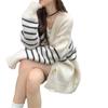 Contrasting Stripes White Knitted Cardigan Jacket New Autumn and Winter Loose Lazy College Long-sleeved Sweater Top