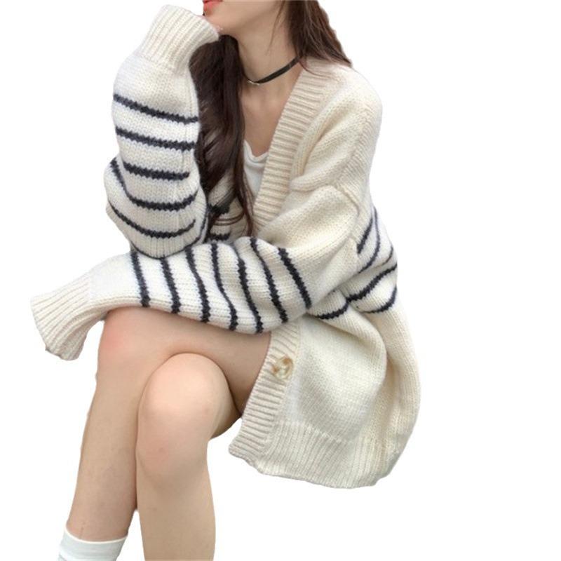 Contrasting stripes white knitted cardigan jacket new autumn and winter loose lazy college long-sleeved sweater top