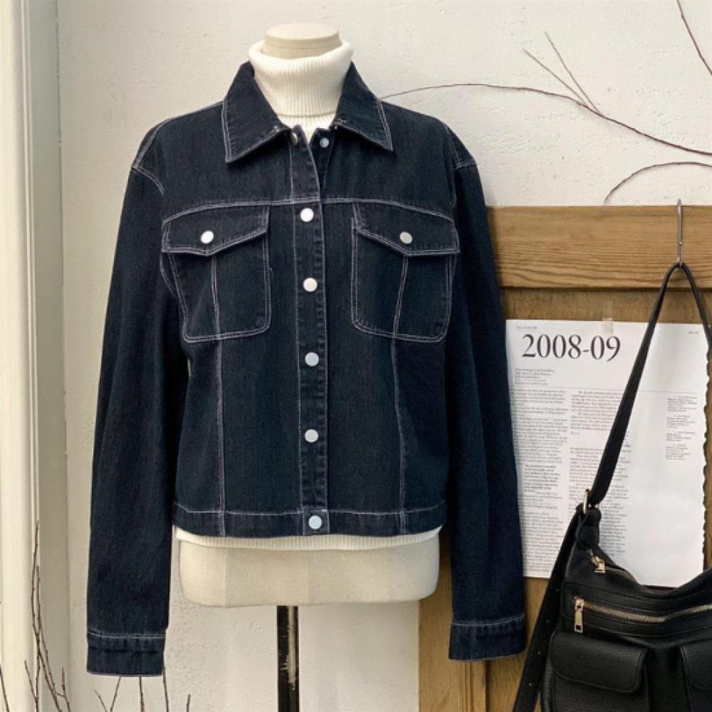 New Arrivals Open Run Women Denim Stitch Double Pocket Collar Neck Jacket