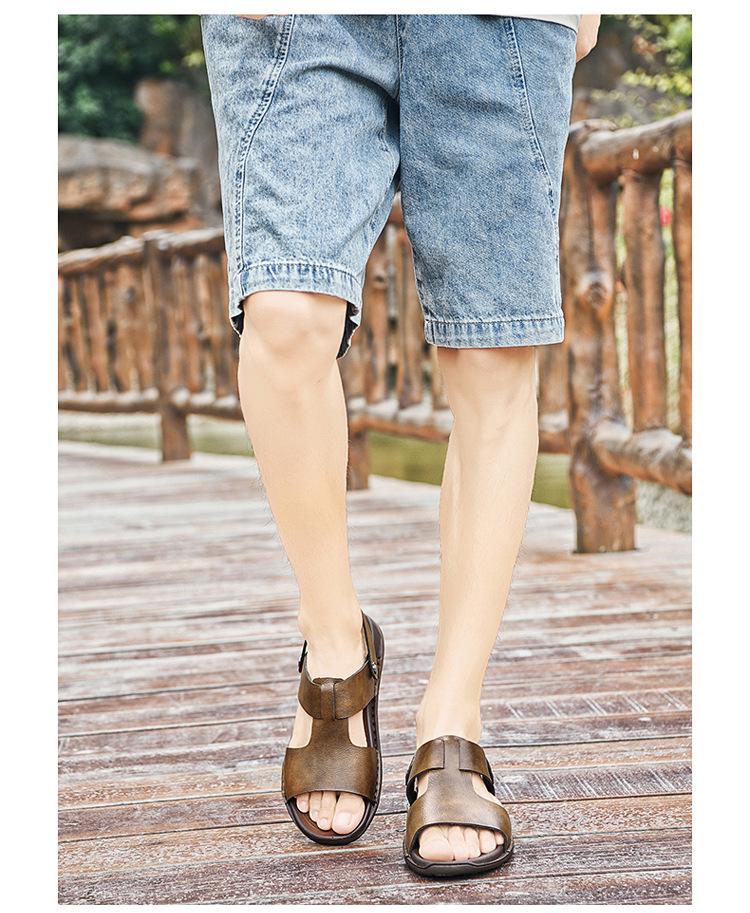 Large Summer Leather Cross-Strap Sandals, Sizes 45-46, Non-Slip Soft Sole Beach Flip-Flops for Men