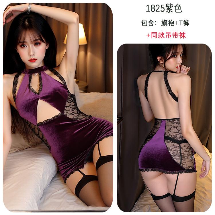 Sexy lingerie sexy lace stitching velvet cheongsam uniform seduction hot perspective