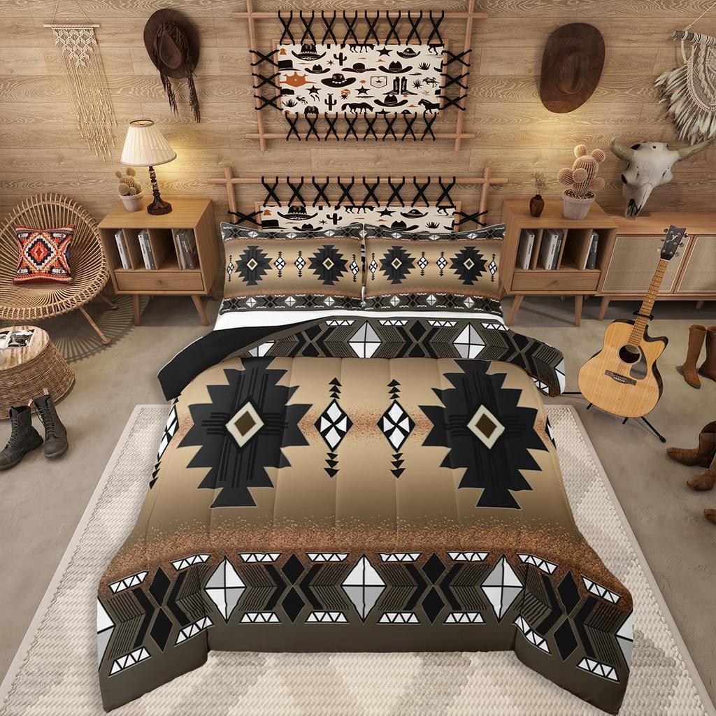 Erosebridal Western Aztec Comforter Set King Size, Boho Farmhouse Bedding Set for Kids Boys Teens Ethnic Southwest Bull Skull Cow Quilt Amer