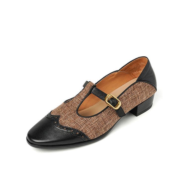 

Fashion NEW Spring/Autumn Women Pumps Square Toe Chunky Heel Shoes Genuine Leather Shoes for Women Cotton Fabric Buckle Strap Mary Janes 34 чёрный