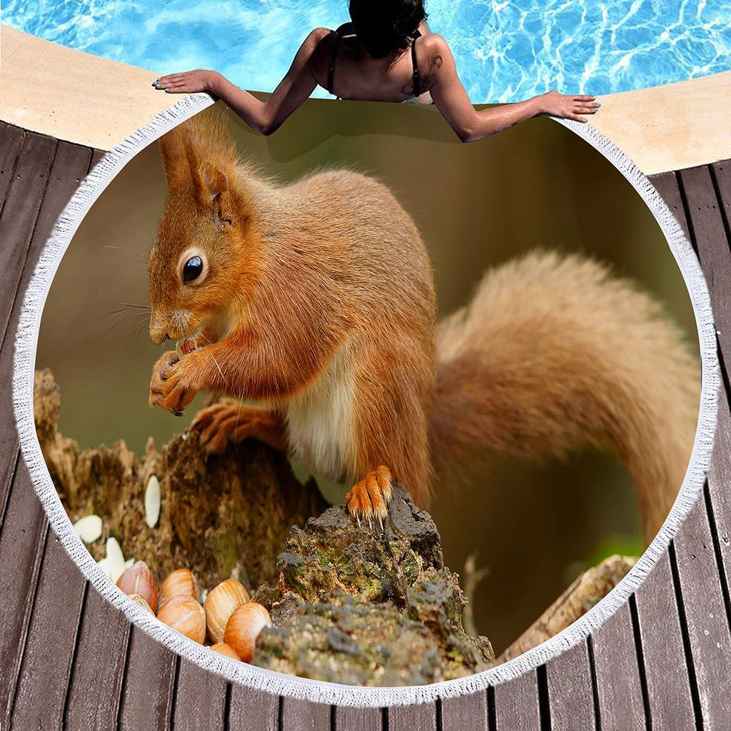 Cute Squirrel Round Beach Towel with Tassels Microfiber Beach Blanket Absorbent Sandproof Circle Bath Towel Meditation Yoga Mat