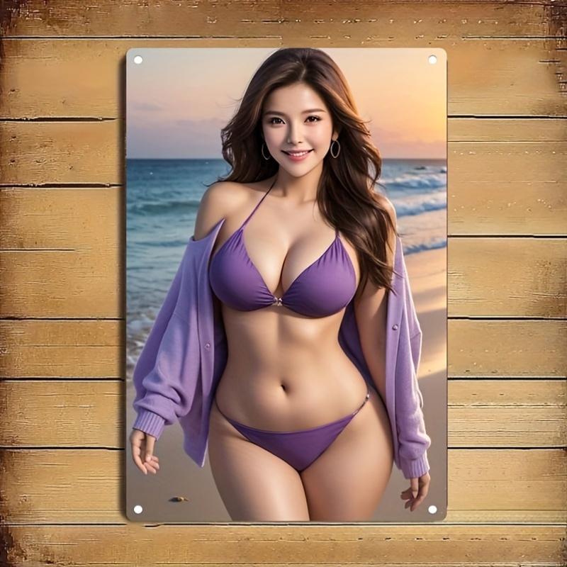 

HD Metal Tin Sign Beautiful Asian Lady in Purple Bikini Cardigan Posing on Beach at Sunset Vintage Wall Art Decor for Home Bar 20x30cm（7.8x11.8inch）