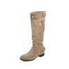 2025 new knee boots women's khaki suede round head belt buckle boots low heel thin folds stacked