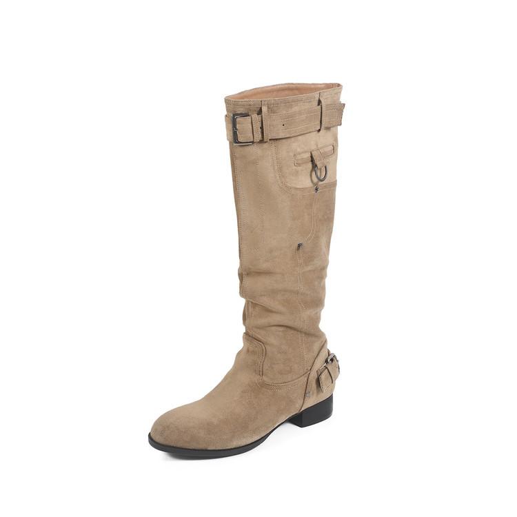 2025 new knee boots women's khaki suede round head belt buckle boots low heel thin folds stacked