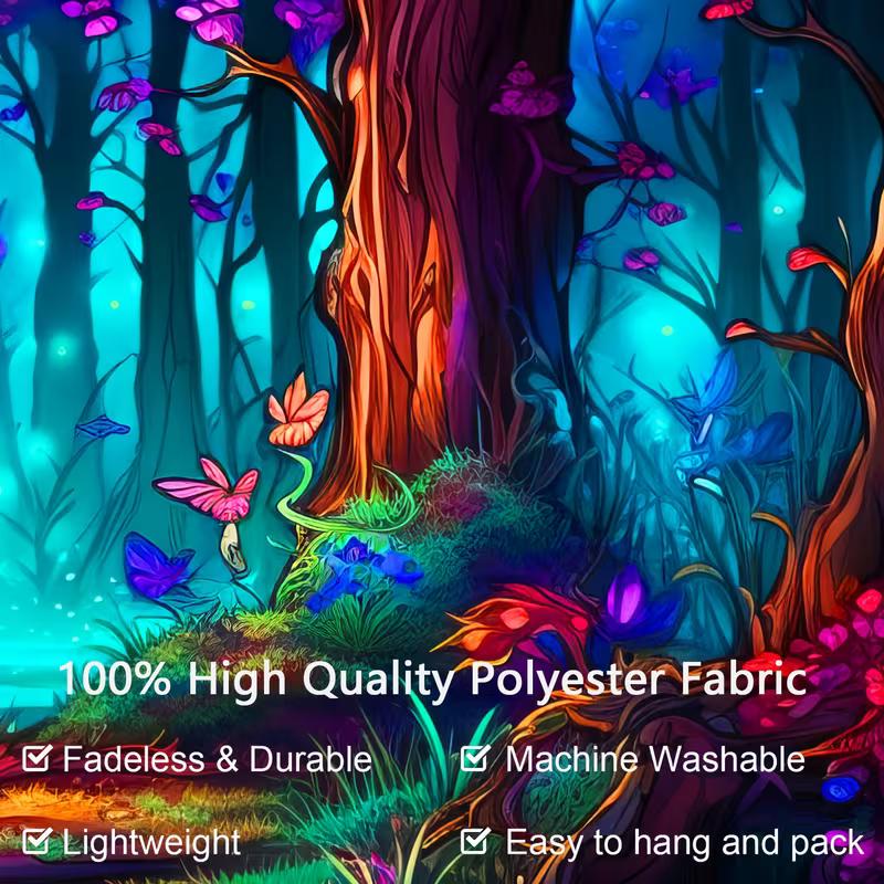 2D Blacklight Forest Tapestry, UV Reactive Neon Fantasy Tree Wall Hanging