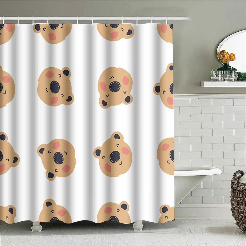 Cute Bear Printed Shower Curtain Waterproof Bathroom Decor Home Decoration for Kids Bathrooms White 180x240cm (Packaged with Fre