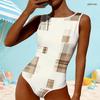 Women Plus Size High Round Neck Sleeveless Beige Printed One Piece Swimsuit