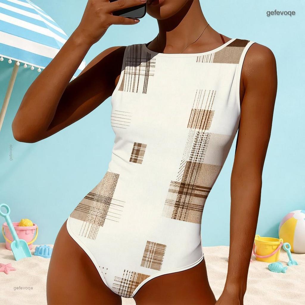 Women Plus Size High Round Neck Sleeveless Beige Printed One Piece Swimsuit
