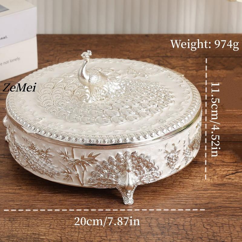 Europäischer Stil Legierung Schmuck Pfau Silber Aufbewahrungsbox, Ohrring Kreis Organizer Glas Süßigkeitenbehälter Schminktisch Dekoration
