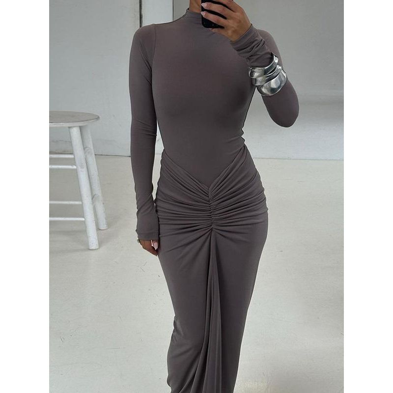 Fashion Style Ins New Arrival Fashion Sexy Elegant Cinched Slimming Long Dress Sexy High Waist Crimp Long Sleeves Dress
