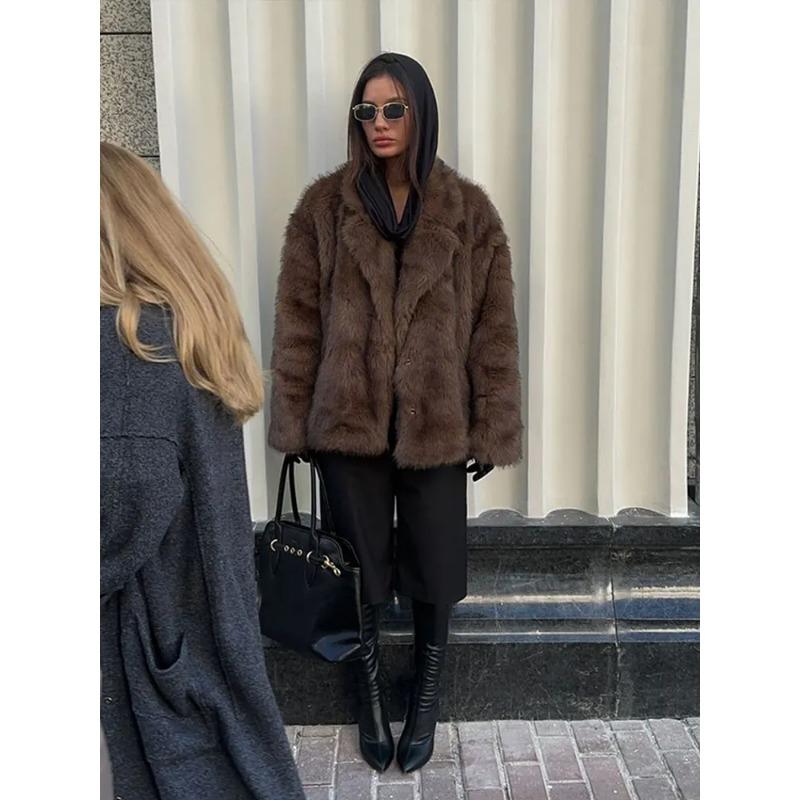 

Модная темно-коричневая короткая куртка с отворотом из искусственного меха, свободные длинные рукава, пуговицы, укороченные пальто, новая зимняя женская верхняя одежда S коричневый