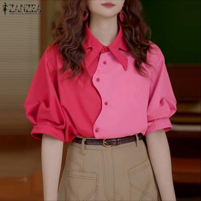 Women Casual Turn Down Collar Loose Summer Short Sleeve Blouse